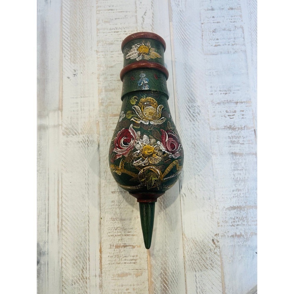Antique turned wood hand painted primitive floral wooden‎ vase.